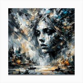 Brooding Woman Face in Abstract Cityscape Canvas Print