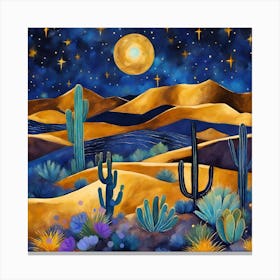 Indigo Desert Nightindigo Desert Night Abstract Landscape With Cactus And Stars- Abstract Bohemian Art Landscape Ochre and Indigo Tones. Boho Style. Mountain View, Sun, Moon, Hills, night abstract landscape with cactus and stars. Vector Art Poster Set. Canvas Print