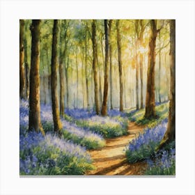Bluebells Path Through The Woods - Watercolor Sunlit Forest Walk HD Gallery Wall Fine Art - Purple Blue May Day Beautiful Tranquil Peaceful Landscale Scenery Square Canvas Print