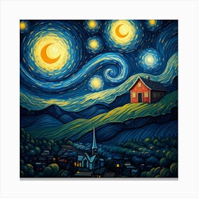 Starry Night landscape with house on hill,Van Gogh, painting art Canvas Print