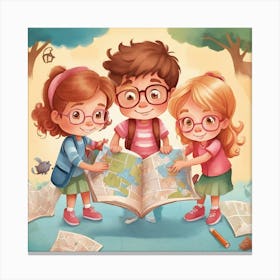 Cartoon Kids Looking At Map Canvas Print