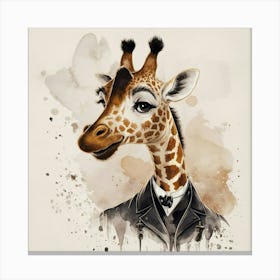 Giraffe In A Suit A captivating and dreamy watercolor illustration featuring a cute anthropomorphic giraffe from the 1890s, created in the vintage, hyper-realistic and expressive style of Studio Ghibli anime. The illustration is presented in a loose, elegant and neutral color palette, with light and glossy finishes. The character is depicted in side view, displaying intricate details and expressive features. This art is reminiscent of the styles of Hajime Sorayama, Damien Hirst, Quentin Blake, Alberto Vargas, and Zdzislaw Beksiński. The overall atmosphere of the piece is dark fantasy with a touch of whimsy and creative feelings., illustration, dark fantasy, anime, drawing 1 Canvas Print