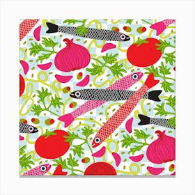 PASTA CON MOLLICA DI PANE Gourmet Italian Food with Anchovy Fish Spaghetti Tomatoes Garlic Herbs in Bright Red Pink Black Green on Checkerboard Canvas Print