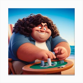 Fat man plays poker in the beach Canvas Print