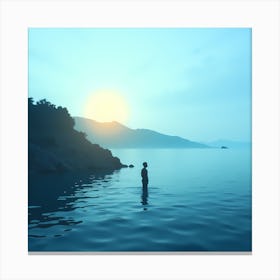 Person Standing In Water At Sunset Canvas Print