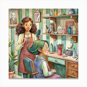 Woman Cutting Hair In A Vintage Barbershop Canvas Print