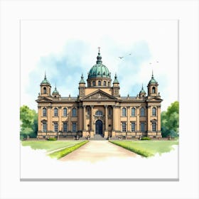 Watercolor Scene Of The Kelvingrove Art Gallery And Museum In Glasgow, Highlighting Its Grand Design And Cultural Significance Canvas Print