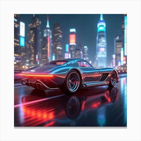 Glowing Futuristic Car With Sleek Chrome Finish, Gliding Through Vibrant Cityscape 1 Canvas Print