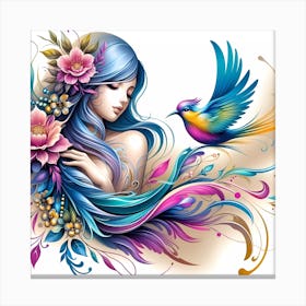 Girl With Flowers And A Bird Canvas Print