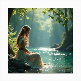 A Serene Elven Princess Sitting By A Sparkling, Enchanted River 1 Canvas Print