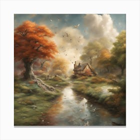 Cottage By The Stream Canvas Print