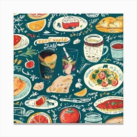 Italian Food Seamless Pattern, Food And Drink Seamless Pattern, Foodie Traveler A Delicious Pattern Featuring Iconic Dishes From Different Countries Canvas Print