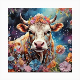 Cow With Flowers Canvas Print