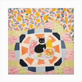 Pastel Colours Black Cat In A Picnic Blanket Canvas Print
