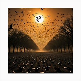 Unison of Birds in Flight at Dusk, Their Shadows Silhouetted Against the Fiery Sky Canvas Print