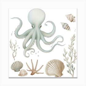 Blue Storybook Style Octopus Surrounded By Shells 1 Canvas Print