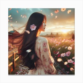 Asian Girl In Flower Field Canvas Print