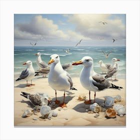 Seagulls On The Shore Square Art Print 2 Canvas Print