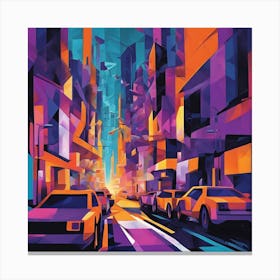 Bustling Neon Streetscape Cubism Style Canvas Print