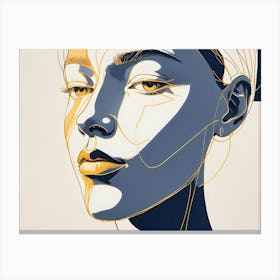 A Stylized Illustration Of A Woman S Face With Clean Lines And A Focus On The Eyes, With Accents Of Gold And Blue Canvas Print