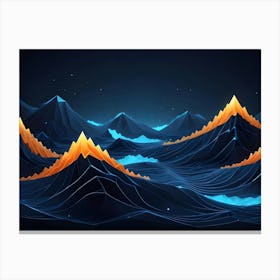 An Abstract Digital Art Piece Of A Landscape With Geometric, Wireframe Like Mountains In Shades Of Blue And Orange Against A Dark Background Canvas Print