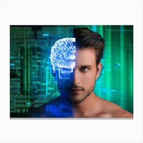 Abstract Portrait Of A Cyborg Man With A Human Profile Merging Into A Cubic Brain Showcasing The Co (4) Canvas Print