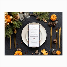 A Detailed Close Up Illustration Captures An Autumnal Table Setting Festive Dinner Arrangement Taki (1) Canvas Print