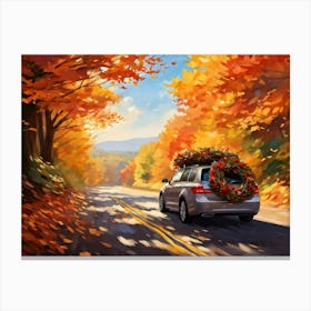 Autumnal Landscape Autumnal Leaves Cascading Down As A Car Adorned With Holiday Wreaths And Ribbon (2) Canvas Print