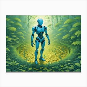 Blue Robot Standing In A Lush Green Forest Clearing Canvas Print