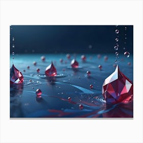 Sparkling, Red Gemstone Like Water Drops Splash Into A Pool Of Water, Creating Ripples And Reflecting Light Canvas Print