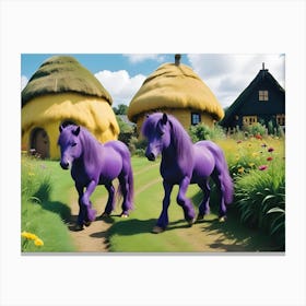 Two Purple Horses Walk Along A Path In A Whimsical, Fairytale Like Setting With Colorful Flowers And Mushroom Shaped Houses Canvas Print