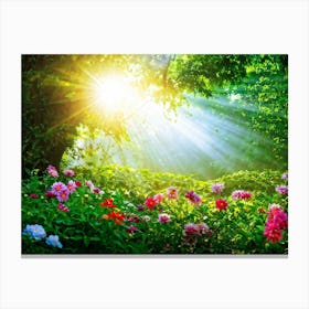 Beams Of Sunlight Filtering Through A Canopy Of Lush Green Leaves Highlighting An Explosion Of Vibr 2 Canvas Print