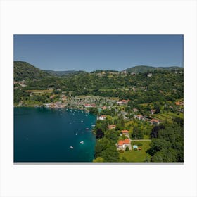 Summer holidays on the lake.  Italy, Piedmont. Lake Orta. Drone photography Canvas Print