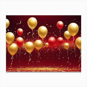 Red And Gold Balloons Float Against A Sparkly Red Background With Falling Confetti Canvas Print