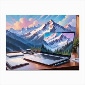 A Laptop With A Mountain Landscape Displayed On Its Screen, Resting On A Wooden Desk With Other Office Supplies Canvas Print