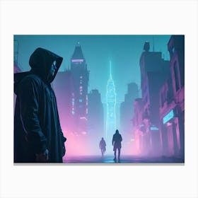 An Illustration Of A Hooded Figure Standing In A Neon Lit, Futuristic City Street Canvas Print