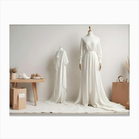 Two Mannequins Wearing White Dresses, One Simple And One With A Flowing Skirt, Along With Accessories Including Shoes, Bags, And Plants Canvas Print