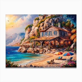 Greek Tavern At The Sea Canvas Print