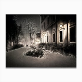 Lone Figure On A Snowy Night Krakow Canvas Print