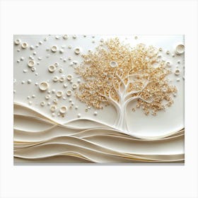 3d White and Gold Tree Life, 3d Art Gold Tree and White Circles High Canvas Print