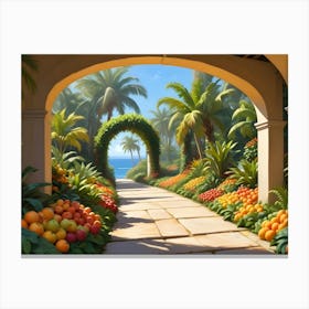 Tropical Garden Pathway With Fruit Arches And Ocean View Canvas Print