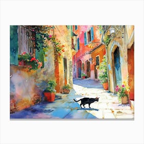 Black Cat In Pescara, Italy, Street Art Watercolour Painting 4 Canvas Print