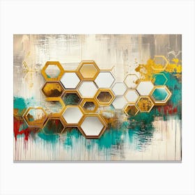 Abstract Golden Hexagons, White Lattice and Splashes of Turquoise Canvas Print