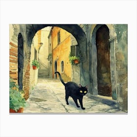 Black Cat In Vicenza, Italy, Street Art Watercolour Painting 2 Canvas Print