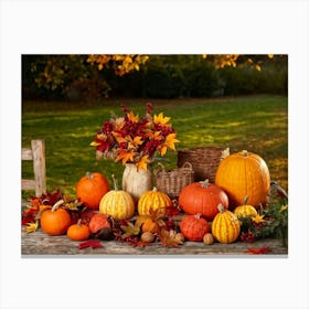 Autumnal Still Life Composition Featuring A Wooden Table Set In A Rustic Garden During The Golden Ho Canvas Print