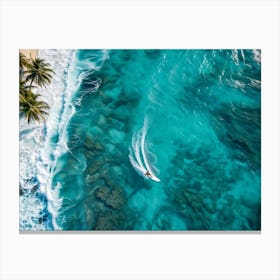 Aerial View Capturing A Single Surfer Carving Through The Azure Waves Silhouetted Against The Cryst (1) Canvas Print