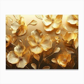 Golden Floral Background, Gold Flowers, 4k Abstract Vintage Flower, Luxurious Nature Canvas Print