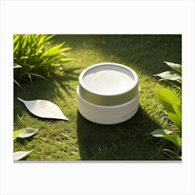 A Close Up Shot Of A Skincare Product Jar Resting On A Bed Of Green Grass With A Leaf Beside It, Creating A Natural And Organic Aesthetic Canvas Print