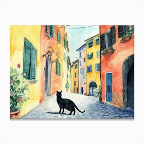 Black Cat In Rimini, Italy, Street Art Watercolour Painting 4 Canvas Print