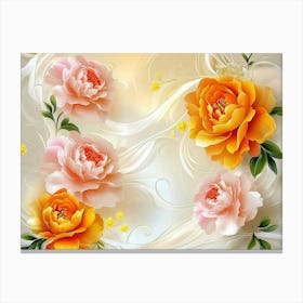 3d Art Stretch Ceiling Design With Orange And Yellow Flowers, Pink Peonies And White Swirls 1 Canvas Print